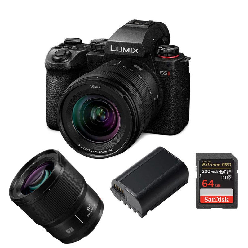 PANASONIC LUMIX DC-S5 II + L 20-60 mm f/3,5-5,6 S + L 85 mm f/1,8 + 2e batterie + Sandisk SD Extreme Pro 64GB